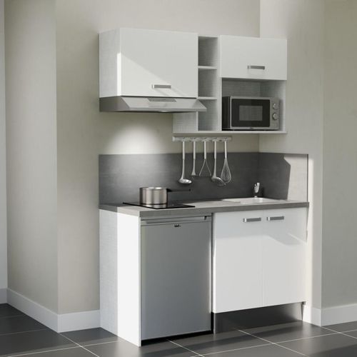 Kitchenette K13l-pt - 140 Cm-façade Blanc-plan Gris Béton-evier Inox-crédences Oui+electro Inox