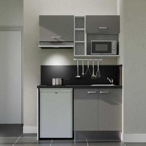 Kitchenette K13l-pt - 140 Cm-façade Gris-plan Noir Texturé-evier Inox-crédences Oui+electro Inox