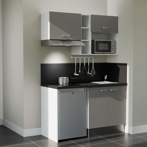 Kitchenette K13l-pt - 140 Cm-façade Gris-plan Noir Texturé-evier Inox-crédences Oui+electro Inox