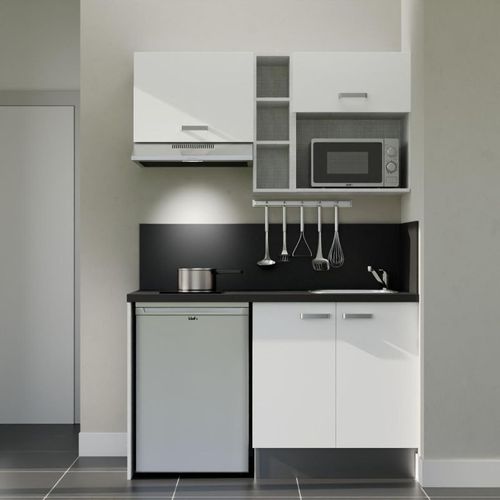 Kitchenette K13l-pt - 140 Cm-façade Blanc-plan Noir Texturé-evier Inox-crédences Oui+electro Inox
