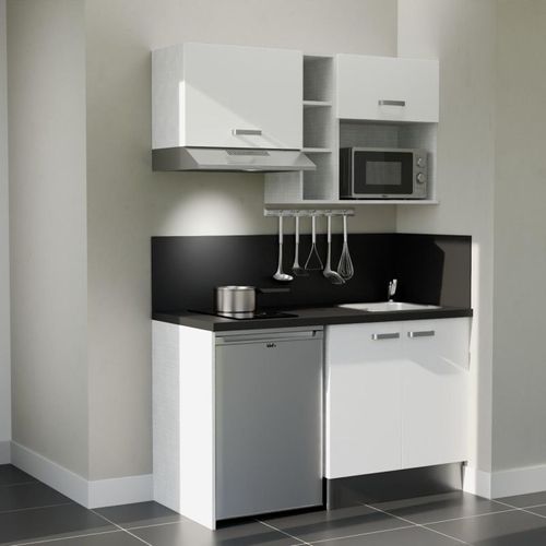 Kitchenette K13l-pt - 140 Cm-façade Blanc-plan Noir Texturé-evier Inox-crédences Oui+electro Inox