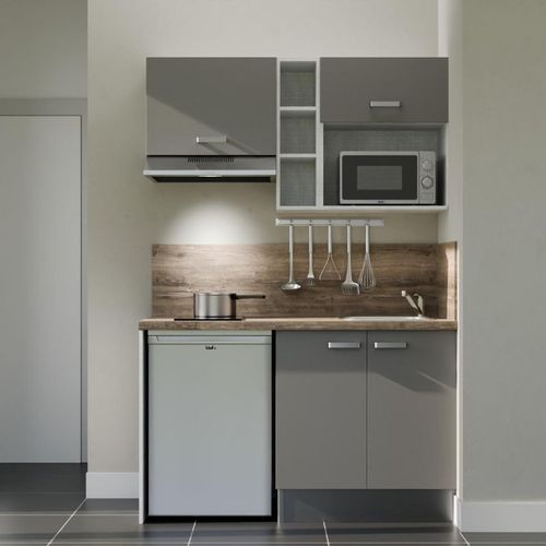 Kitchenette K13l-pt - 140 Cm-façade Gris-plan Bois-evier Inox-crédences Oui+electro Inox