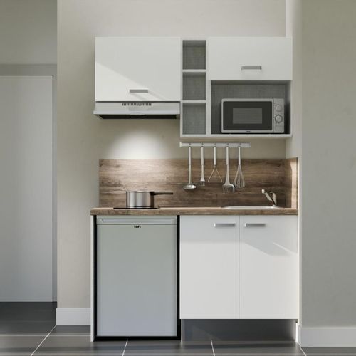 Kitchenette K13l-pt - 140 Cm-façade Blanc-plan Bois-evier Inox-crédences Oui+electro Inox