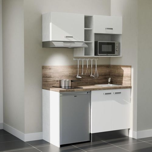 Kitchenette K13l-pt - 140 Cm-façade Blanc-plan Bois-evier Inox-crédences Oui+electro Inox