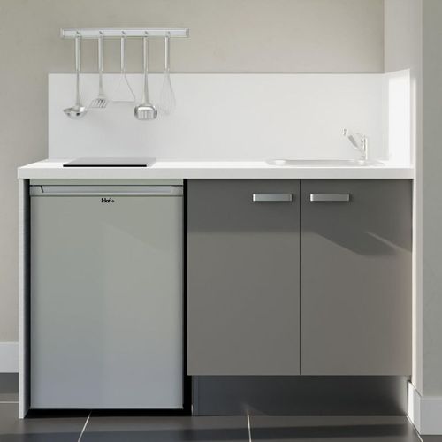 Kitchenette K17l-pt - 140 Cm-façade Gris-plan Blanc-evier Inox-crédences Oui+electro Inox