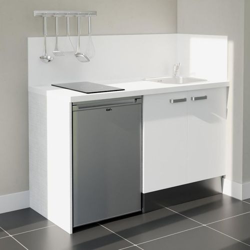 Kitchenette K17l-pt - 140 Cm-façade Blanc-plan Blanc-evier Inox-crédences Oui+electro Inox
