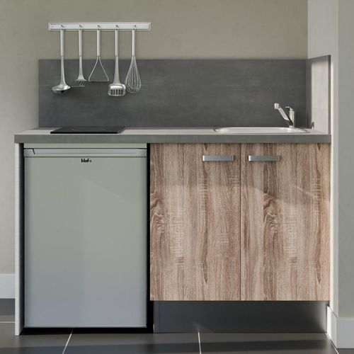 Kitchenette K17l-pt - 140 Cm-façade Bois-plan Gris Béton-evier Inox-crédences Oui+electro Inox