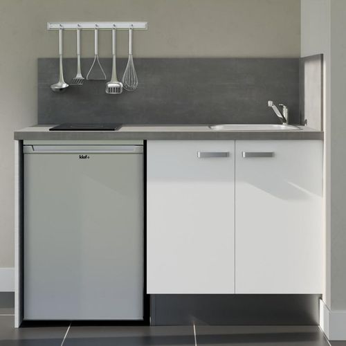 Kitchenette K17l-pt - 140 Cm-façade Blanc-plan Gris Béton-evier Inox-crédences Oui+electro Inox