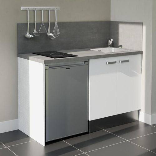 Kitchenette K17l-pt - 140 Cm-façade Blanc-plan Gris Béton-evier Inox-crédences Oui+electro Inox