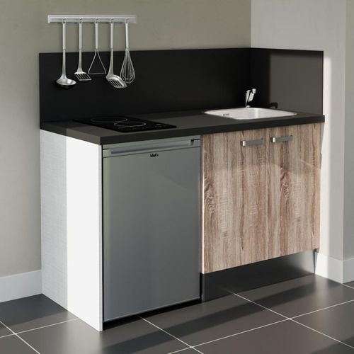 Kitchenette K17l-pt - 140 Cm-façade Bois-plan Noir Texturé-evier Inox-crédences Oui+electro Inox