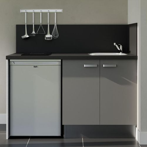 Kitchenette K17l-pt - 140 Cm-façade Gris-plan Noir Texturé-evier Inox-crédences Oui+electro Inox