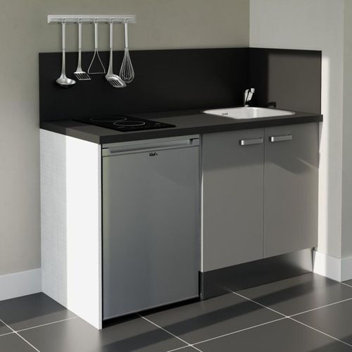 Kitchenette K17l-pt - 140 Cm-façade Gris-plan Noir Texturé-evier Inox-crédences Oui+electro Inox