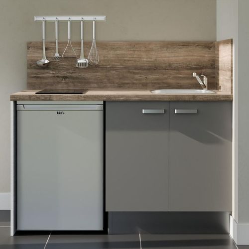 Kitchenette K17l-pt - 140 Cm-façade Gris-plan Bois-evier Inox-crédences Oui+electro Inox