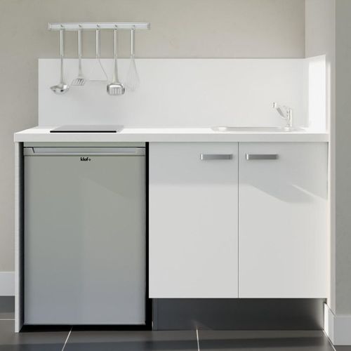 Kitchenette K17l-pt - 140 Cm-façade Blanc-plan Bois-evier Inox-crédences Oui+electro Inox