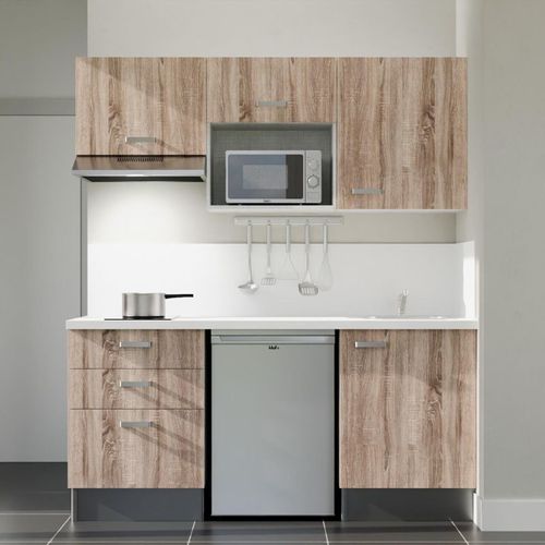 Kitchenette K20l-pt - 180 Cm-façade Bois-plan Blanc-evier Inox-crédences Oui+electro Inox