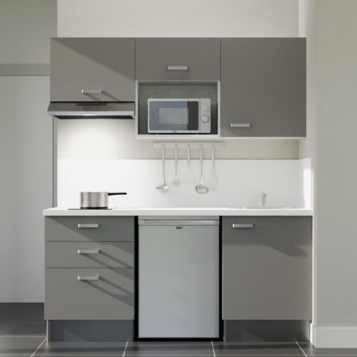 Kitchenette K20l-pt - 180 Cm-façade Gris-plan Blanc-evier Inox-crédences Oui+electro Inox