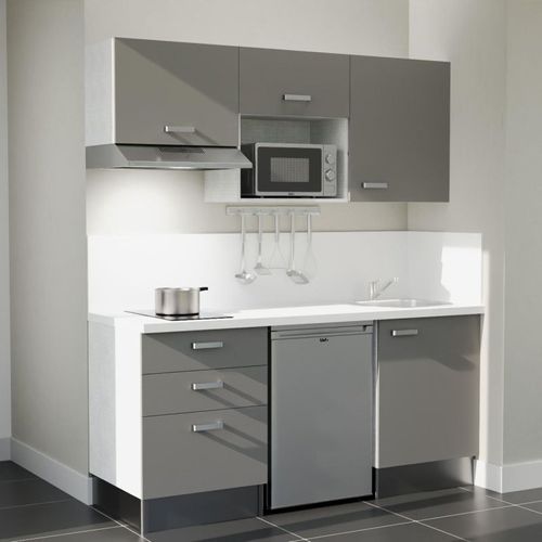 Kitchenette K20l-pt - 180 Cm-façade Gris-plan Blanc-evier Inox-crédences Oui+electro Inox