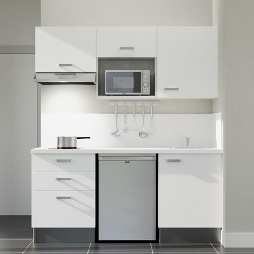 Kitchenette K20l-pt - 180 Cm-façade Blanc-plan Blanc-evier Inox-crédences Oui+electro Inox