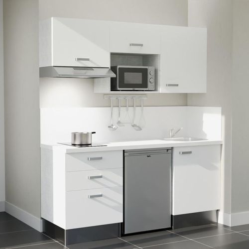Kitchenette K20l-pt - 180 Cm-façade Blanc-plan Blanc-evier Inox-crédences Oui+electro Inox