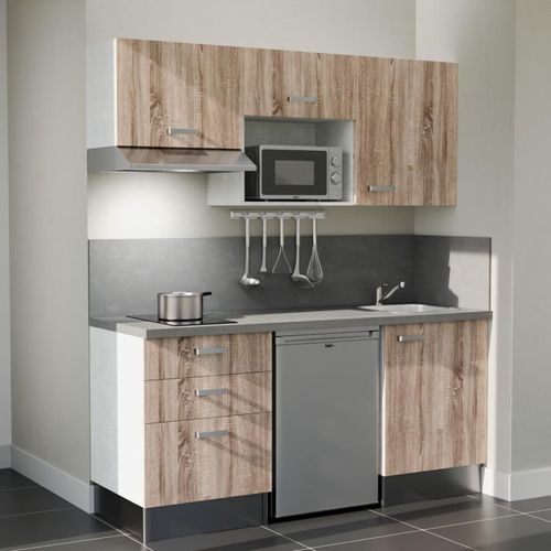 Kitchenette K20l-pt - 180 Cm-façade Bois-plan Gris Béton-evier Inox-crédences Oui+electro Inox