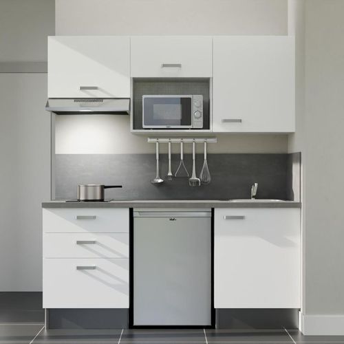 Kitchenette K20l-pt - 180 Cm-façade Blanc-plan Gris Béton-evier Inox-crédences Oui+electro Inox