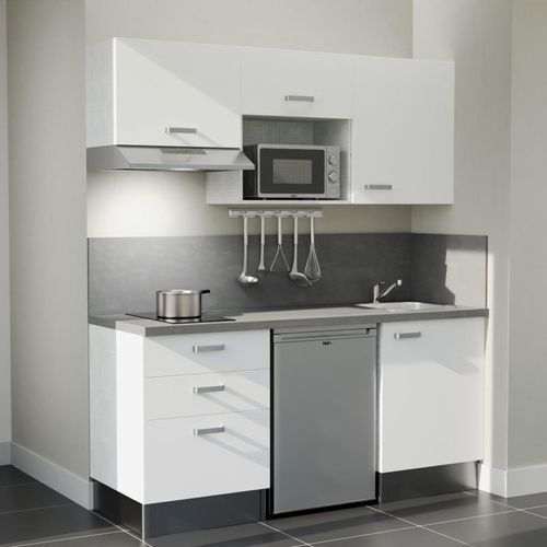 Kitchenette K20l-pt - 180 Cm-façade Blanc-plan Gris Béton-evier Inox-crédences Oui+electro Inox