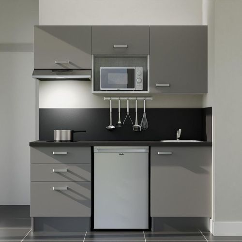 Kitchenette K20l-pt - 180 Cm-façade Gris-plan Noir Texturé-evier Inox-crédences Oui+electro Inox