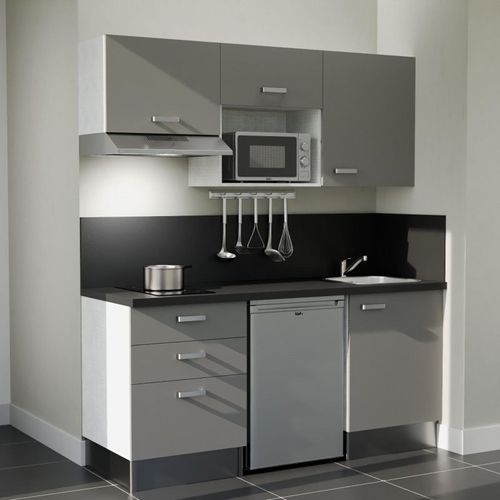 Kitchenette K20l-pt - 180 Cm-façade Gris-plan Noir Texturé-evier Inox-crédences Oui+electro Inox