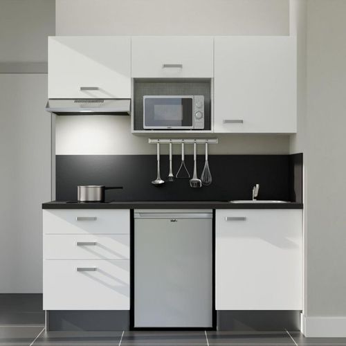 Kitchenette K20l-pt - 180 Cm-façade Blanc-plan Noir Texturé-evier Inox-crédences Oui+electro Inox