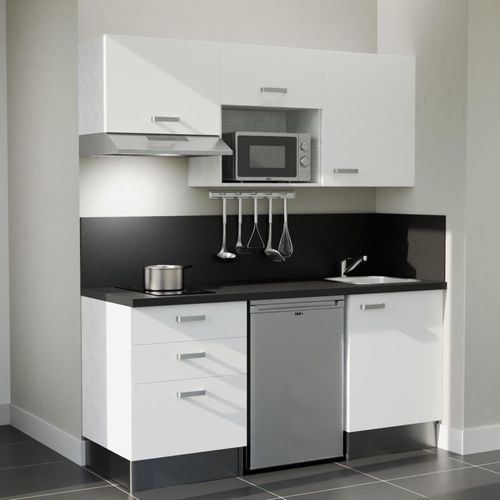 Kitchenette K20l-pt - 180 Cm-façade Blanc-plan Noir Texturé-evier Inox-crédences Oui+electro Inox