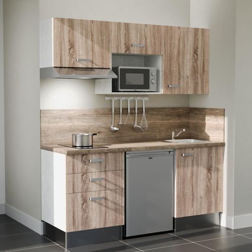 Kitchenette K20l-pt - 180 Cm-façade Bois-plan Bois-evier Inox-crédences Oui+electro Inox