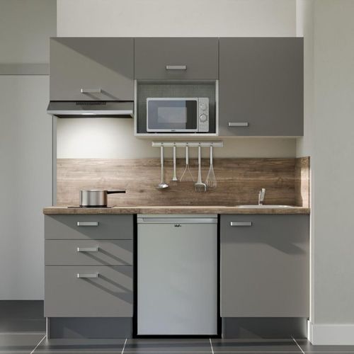 Kitchenette K20l-pt - 180 Cm-façade Gris-plan Bois-evier Inox-crédences Oui+electro Inox
