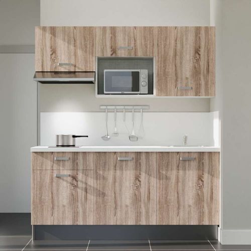Kitchenette K30l-pt - 180 Cm-façade Bois-plan Blanc-evier Inox-crédences Oui+electro Inox