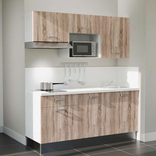 Kitchenette K30l-pt - 180 Cm-façade Bois-plan Blanc-evier Inox-crédences Oui+electro Inox