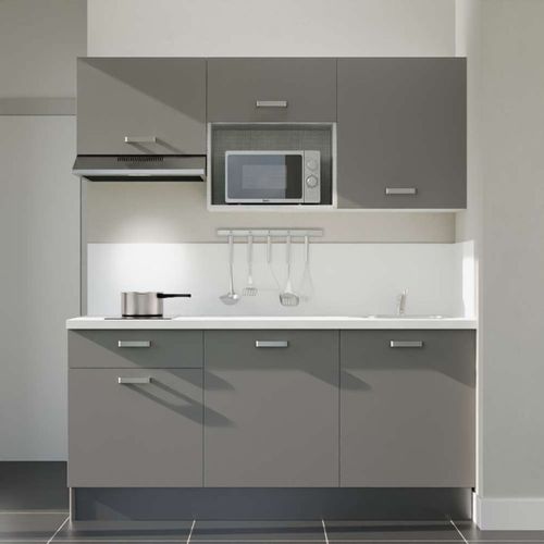 Kitchenette K30l-pt - 180 Cm-façade Gris-plan Blanc-evier Inox-crédences Oui+electro Inox