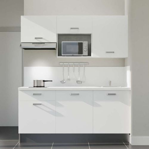 Kitchenette K30l-pt - 180 Cm-façade Blanc-plan Blanc-evier Inox-crédences Oui+electro Inox