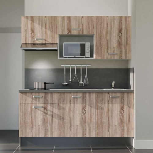 Kitchenette K30l-pt - 180 Cm-façade Bois-plan Gris Béton-evier Inox-crédences Oui+electro Inox