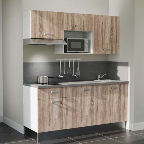 Kitchenette K30l-pt - 180 Cm-façade Bois-plan Gris Béton-evier Inox-crédences Oui+electro Inox