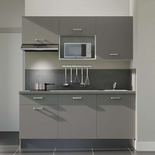Kitchenette K30l-pt - 180 Cm-façade Gris-plan Gris Béton-evier Inox-crédences Oui+electro Inox