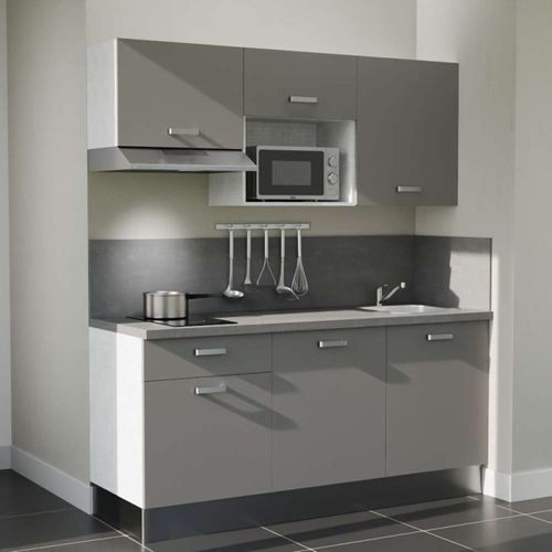 Kitchenette K30l-pt - 180 Cm-façade Gris-plan Gris Béton-evier Inox-crédences Oui+electro Inox