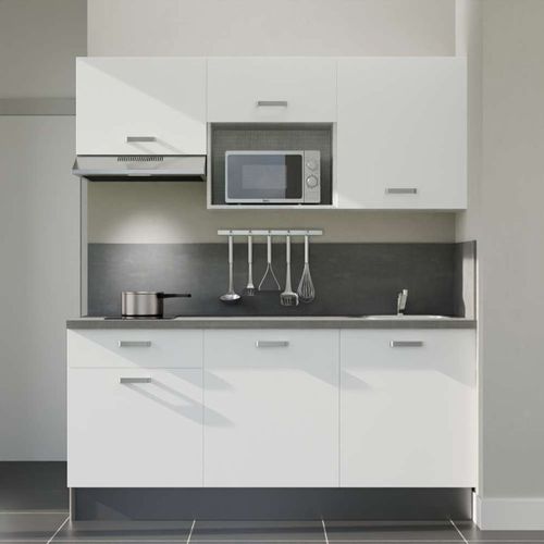 Kitchenette K30l-pt - 180 Cm-façade Blanc-plan Gris Béton-evier Inox-crédences Oui+electro Inox
