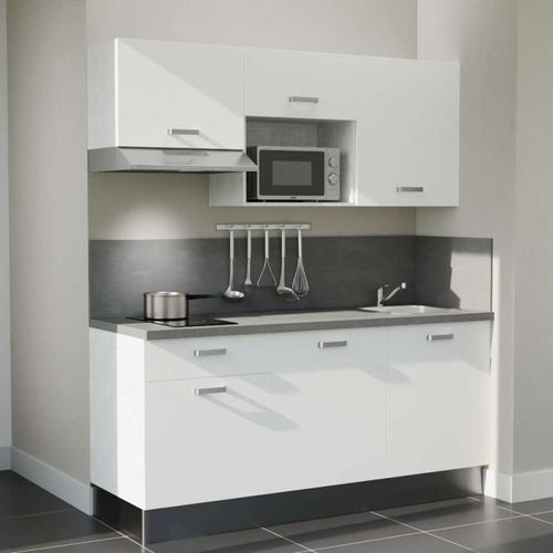 Kitchenette K30l-pt - 180 Cm-façade Blanc-plan Gris Béton-evier Inox-crédences Oui+electro Inox