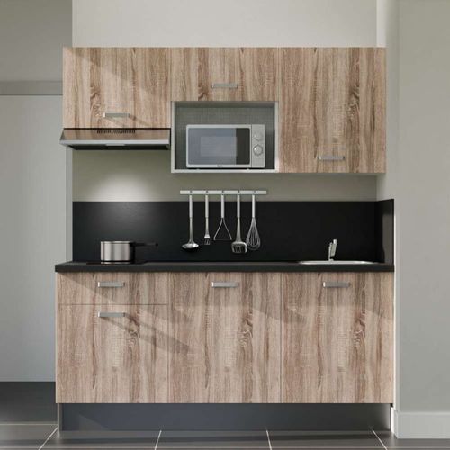 Kitchenette K30l-pt - 180 Cm-façade Bois-plan Noir Texturé-evier Inox-crédences Oui+electro Inox