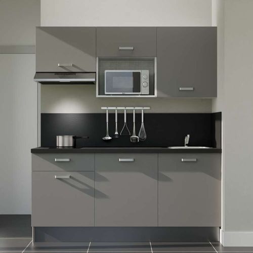 Kitchenette K30l-pt - 180 Cm-façade Gris-plan Noir Texturé-evier Inox-crédences Oui+electro Inox