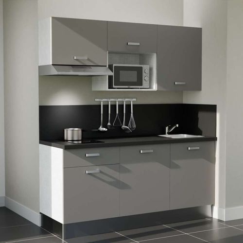 Kitchenette K30l-pt - 180 Cm-façade Gris-plan Noir Texturé-evier Inox-crédences Oui+electro Inox