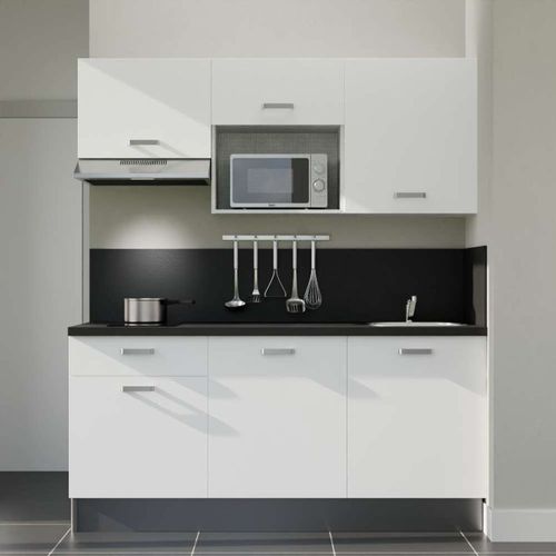 Kitchenette K30l-pt - 180 Cm-façade Blanc-plan Noir Texturé-evier Inox-crédences Oui+electro Inox