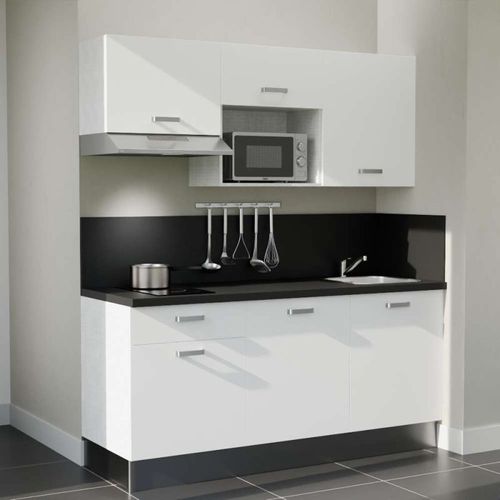 Kitchenette K30l-pt - 180 Cm-façade Blanc-plan Noir Texturé-evier Inox-crédences Oui+electro Inox