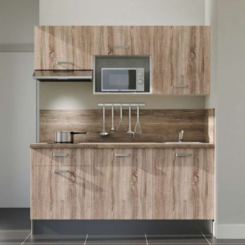 Kitchenette K30l-pt - 180 Cm-façade Bois-plan Bois-evier Inox-crédences Oui+electro Inox