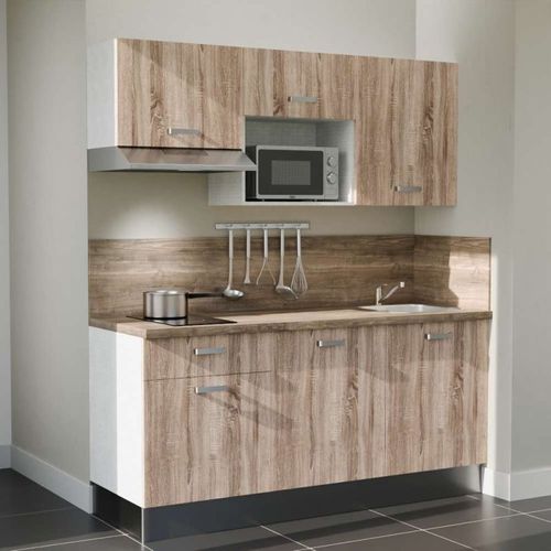 Kitchenette K30l-pt - 180 Cm-façade Bois-plan Bois-evier Inox-crédences Oui+electro Inox