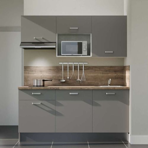 Kitchenette K30l-pt - 180 Cm-façade Gris-plan Bois-evier Inox-crédences Oui+electro Inox